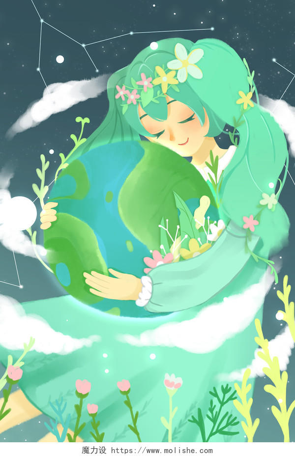 卡通手绘女孩拥抱地球原创插画素材